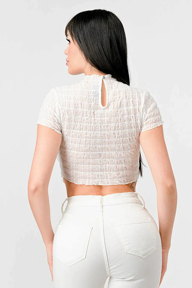TEXTURED RUFFLED HEM KEYHOLE BACK ASYMMETRICAL CROPPED TOP - Wear with style