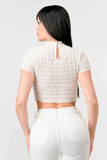 TEXTURED RUFFLED HEM KEYHOLE BACK ASYMMETRICAL CROPPED TOP - Wear with style