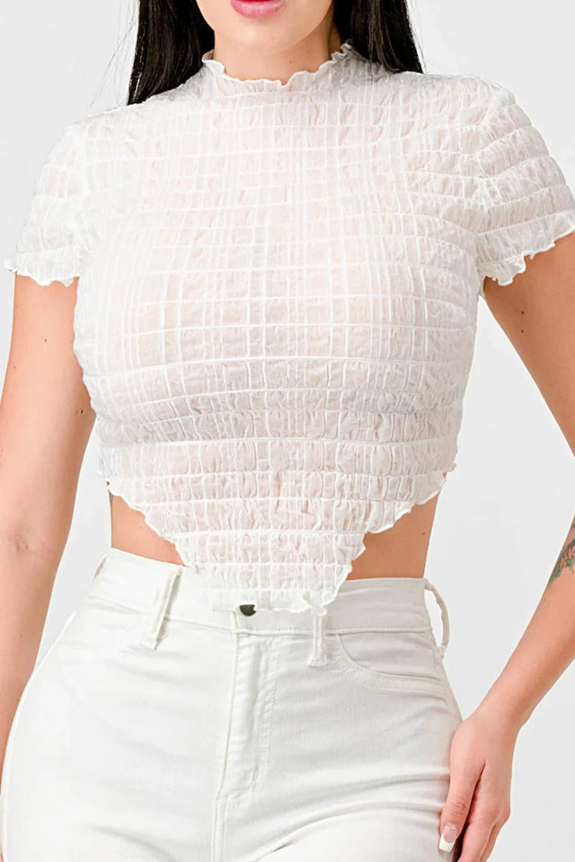 TEXTURED RUFFLED HEM KEYHOLE BACK ASYMMETRICAL CROPPED TOP - Wear with style