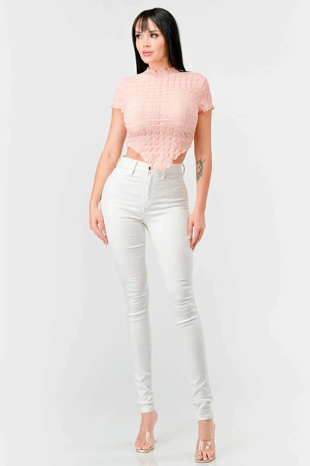 TEXTURED RUFFLED HEM KEYHOLE BACK ASYMMETRICAL CROPPED TOP - Wear with style