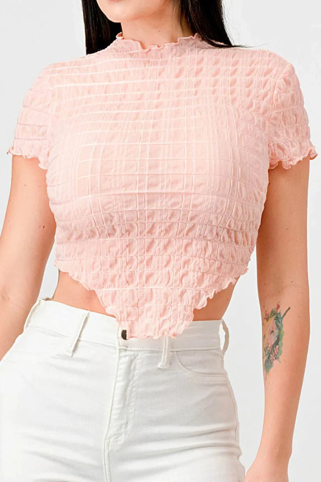 TEXTURED RUFFLED HEM KEYHOLE BACK ASYMMETRICAL CROPPED TOP - Wear with style