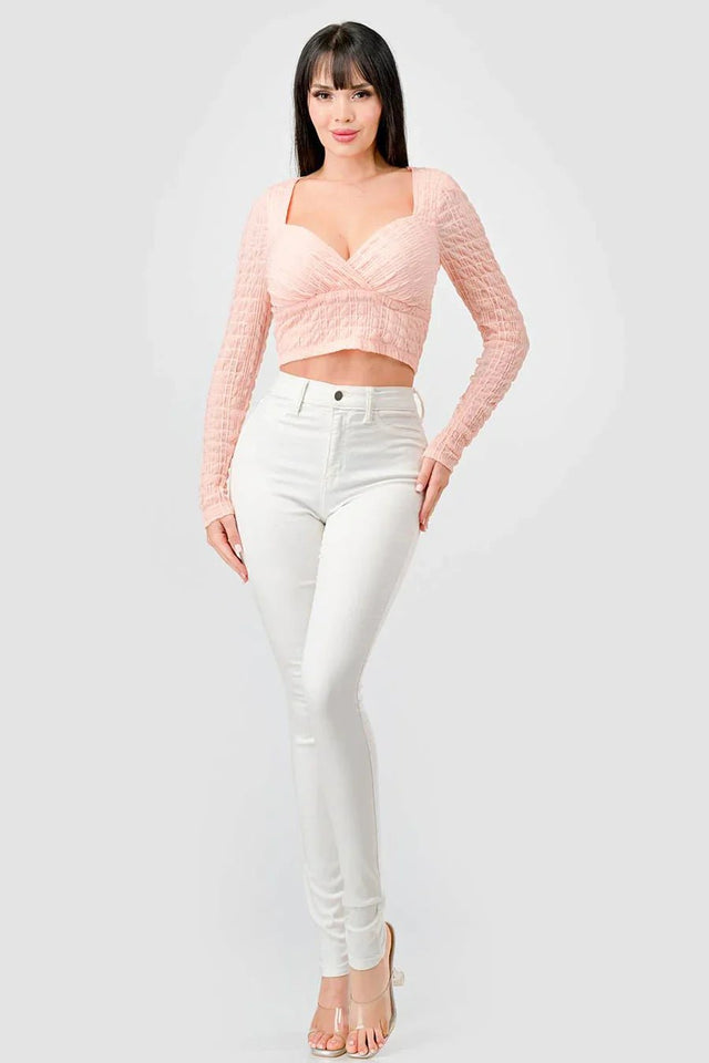 TEXTURED SWEETHEART LONG SLEEVES CROPPED TOP - Wear with style