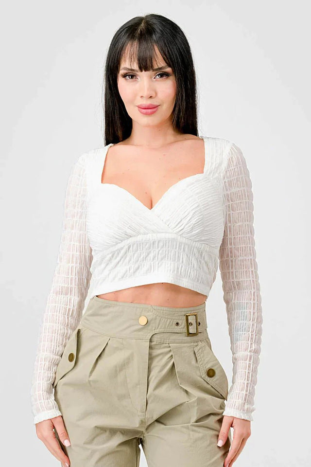 TEXTURED SWEETHEART LONG SLEEVES CROPPED TOP - Wear with style