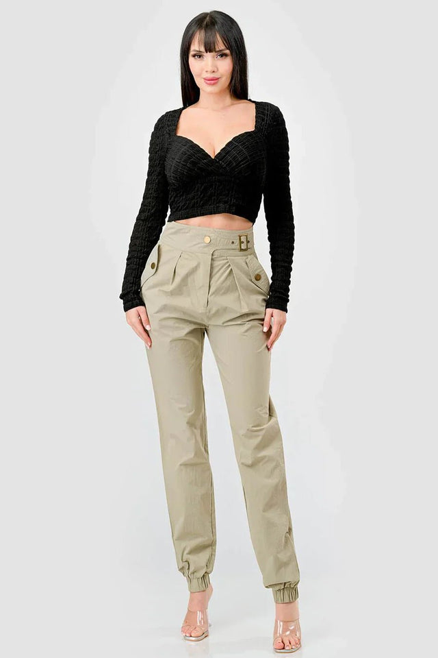 TEXTURED SWEETHEART LONG SLEEVES CROPPED TOP - Wear with style