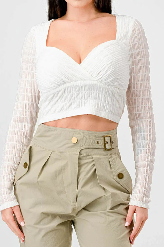 TEXTURED SWEETHEART LONG SLEEVES CROPPED TOP - Wear with style