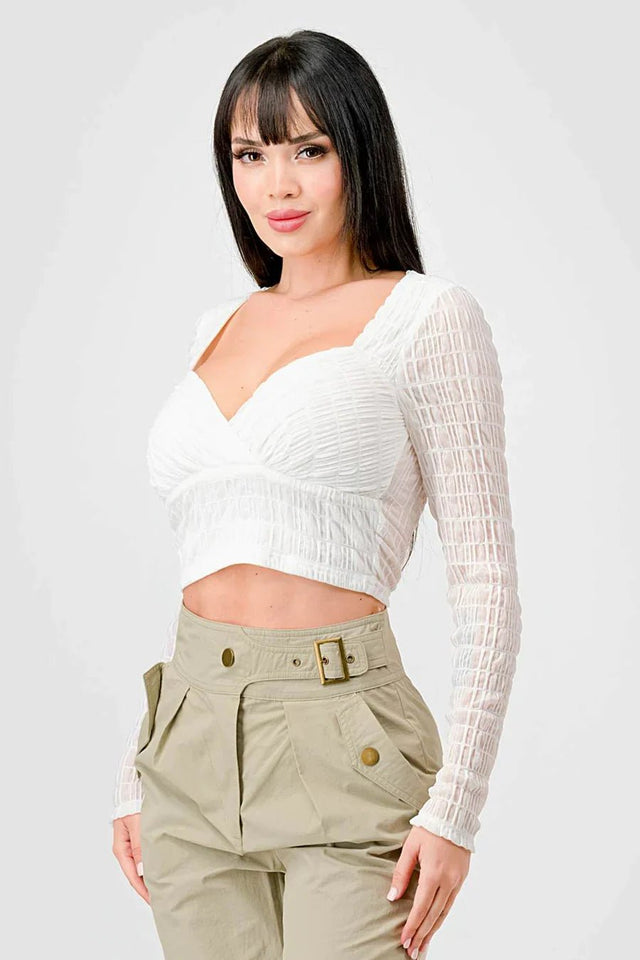 TEXTURED SWEETHEART LONG SLEEVES CROPPED TOP - Wear with style