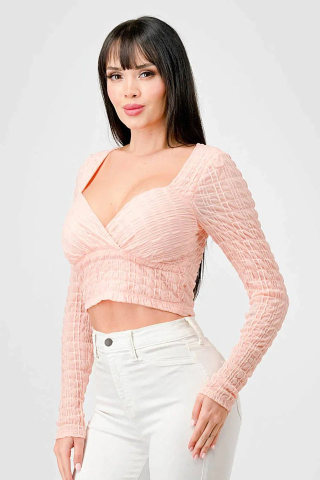 TEXTURED SWEETHEART LONG SLEEVES CROPPED TOP - Wear with style