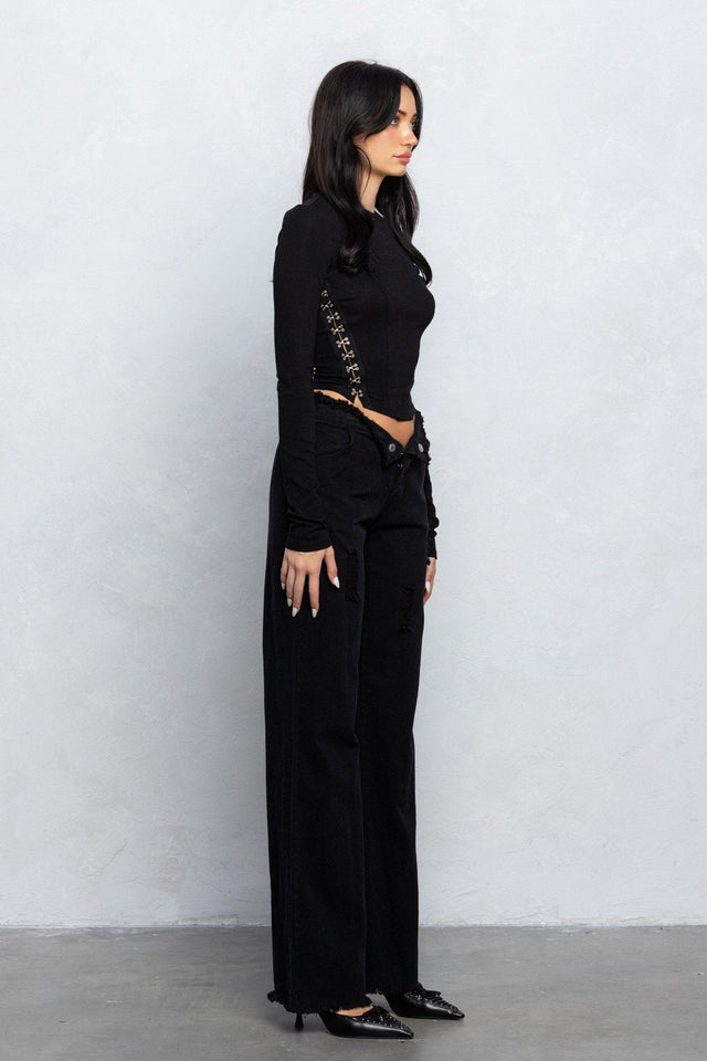 V - Line Folded Detail Destroyed Twill Pants | Raw Hem Street Style - Wear with style