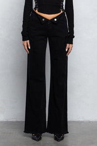 V - Line Folded Detail Destroyed Twill Pants | Raw Hem Street Style - Wear with style