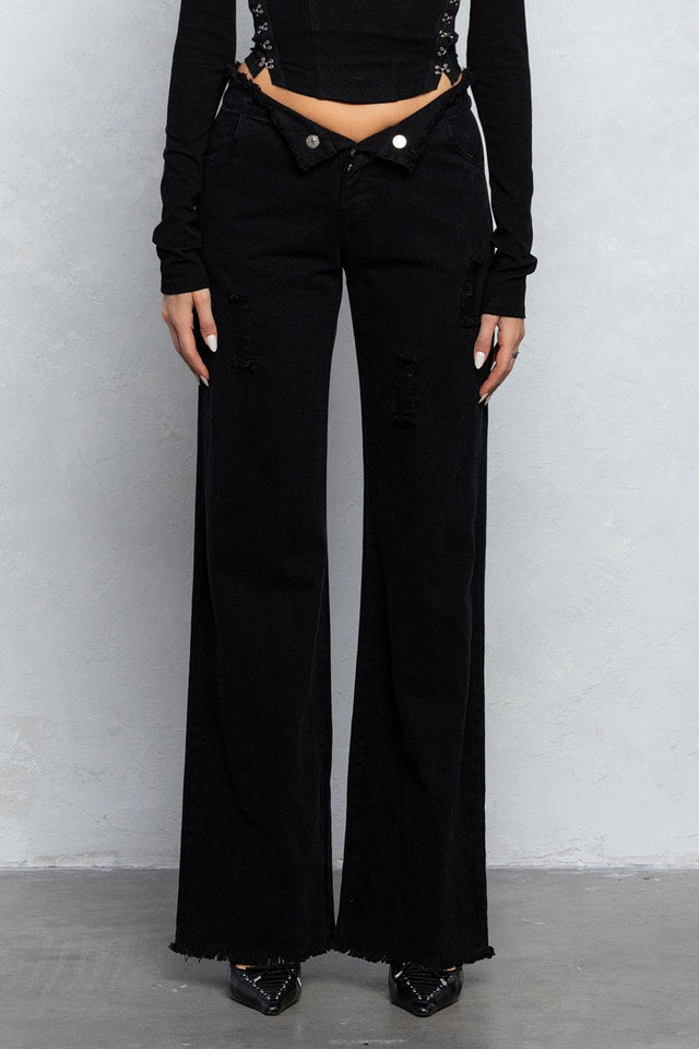 V - Line Folded Detail Destroyed Twill Pants | Raw Hem Street Style - Wear with style