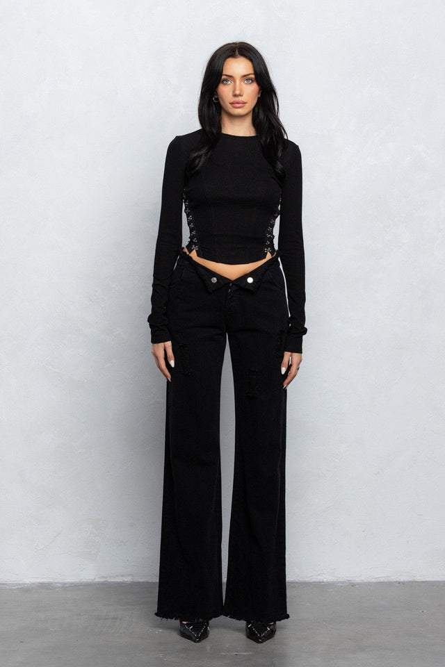 V - Line Folded Detail Destroyed Twill Pants | Raw Hem Street Style - Wear with style