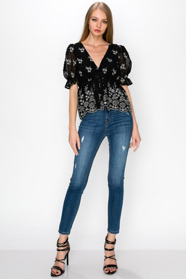 V Neck Puff Short Sleeve Embroidery Top With Self Tie Bow - Wear with style