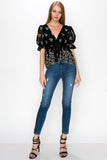 V Neck Puff Short Sleeve Embroidery Top With Self Tie Bow - Wear with style