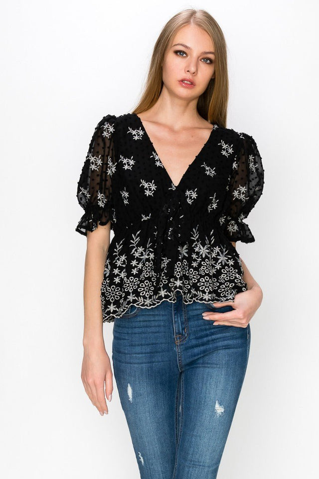 V Neck Puff Short Sleeve Embroidery Top With Self Tie Bow - Wear with style
