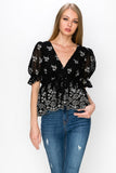 V Neck Puff Short Sleeve Embroidery Top With Self Tie Bow - Wear with style