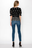 V Neck Puff Short Sleeve Embroidery Top With Self Tie Bow - Wear with style