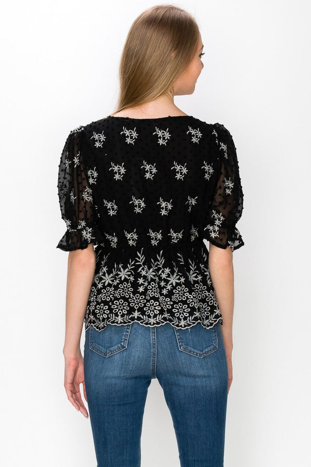 V Neck Puff Short Sleeve Embroidery Top With Self Tie Bow - Wear with style