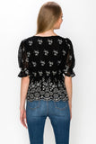 V Neck Puff Short Sleeve Embroidery Top With Self Tie Bow - Wear with style