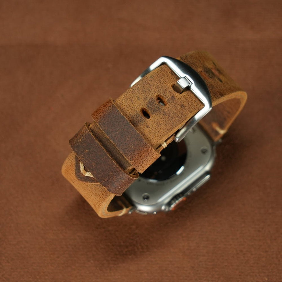 Vintage Distressed Leather Band for Apple Watch Series 10 – 100% Cowhide, One - Piece Hand - Stitched, Patina - Ready - Wear with style