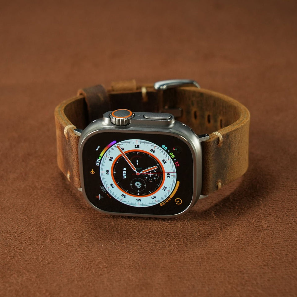 Vintage Distressed Leather Band for Apple Watch Series 10 – 100% Cowhide, One - Piece Hand - Stitched, Patina - Ready - Wear with style