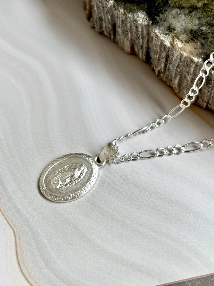 Virgin Mary Necklace sterling silver 925 | Figaro chain necklace 19”| Virgencita necklace - Wear with style