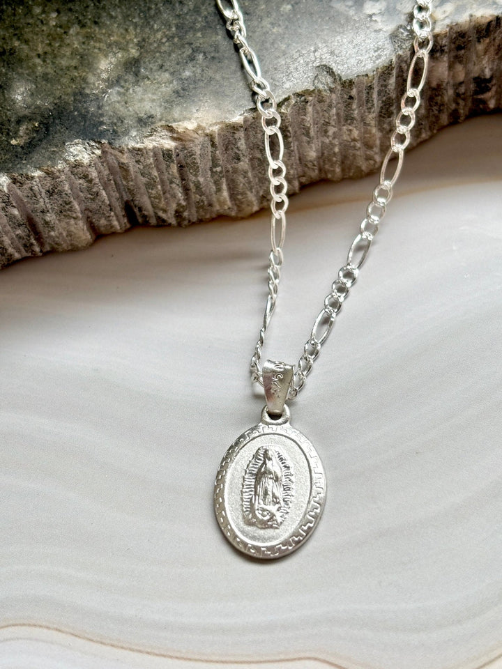 Virgin Mary Necklace sterling silver 925 | Figaro chain necklace 19”| Virgencita necklace - Wear with style