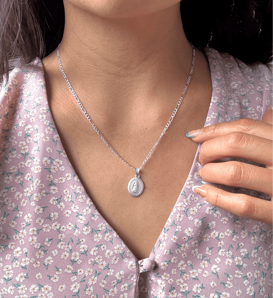 Virgin Mary Necklace sterling silver 925 | Figaro chain necklace 19”| Virgencita necklace - Wear with style