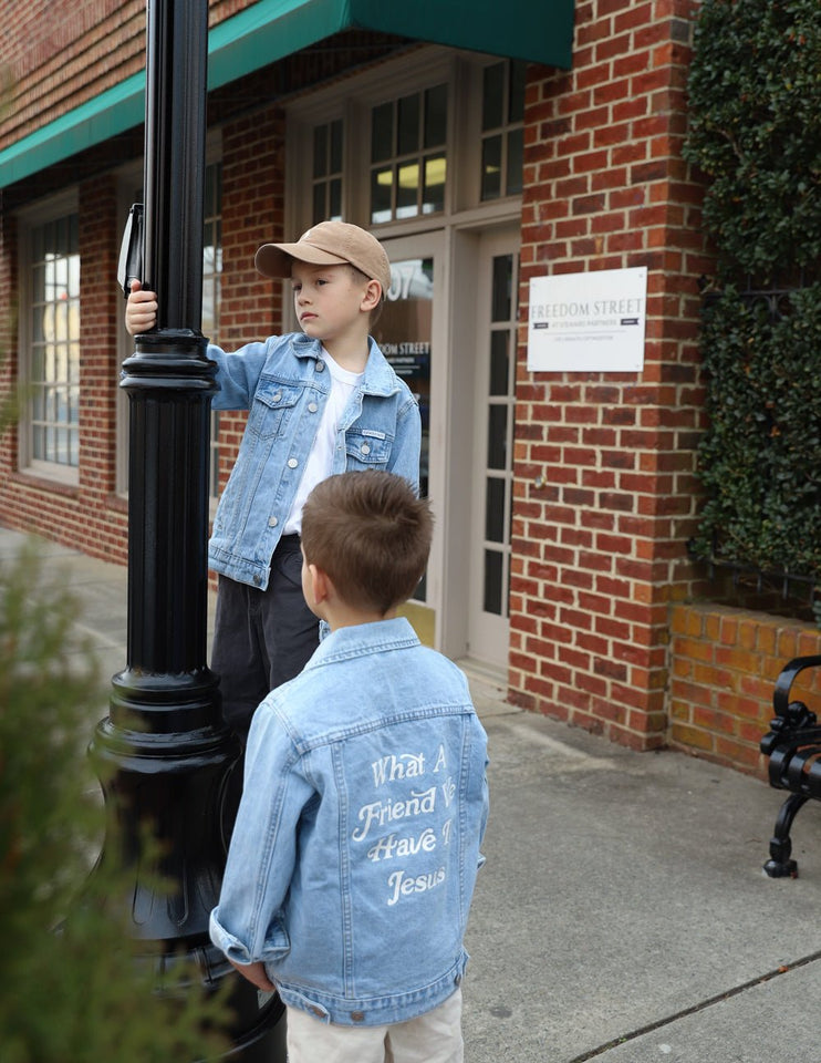 What a Friend in Jesus Kids Denim Jacket - Wear with style