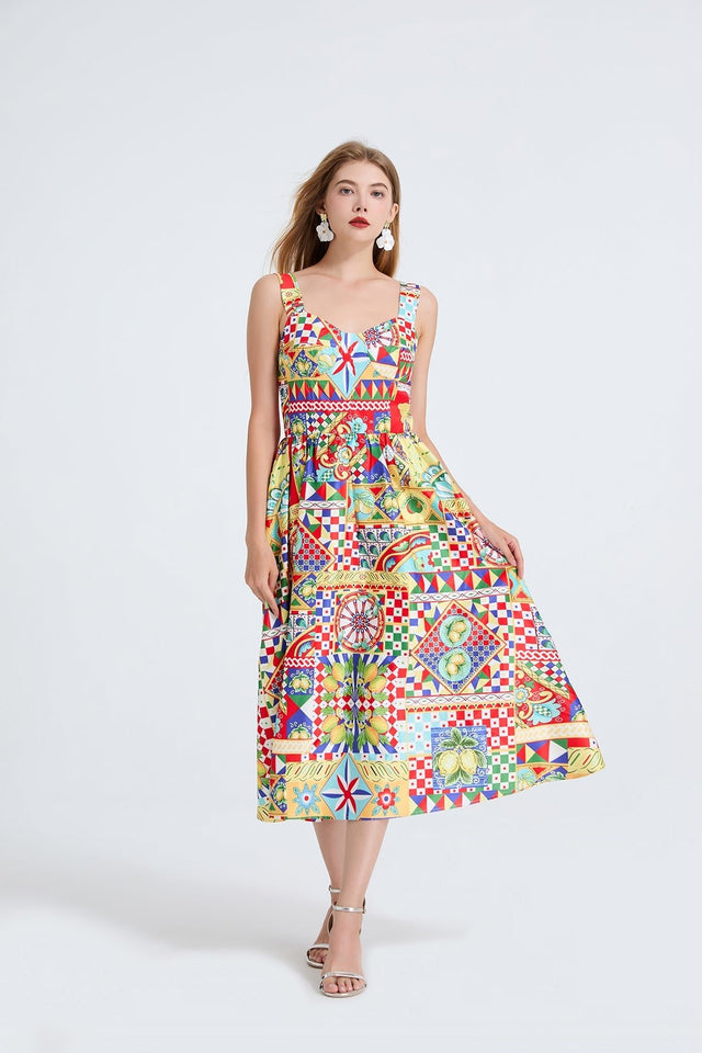 Women Printed Spaghetti Strap Dress With Elastic Back And High Waist - Wear with style