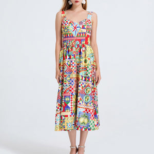 Women Printed Spaghetti Strap Dress With Elastic Back And High Waist - Wear with style