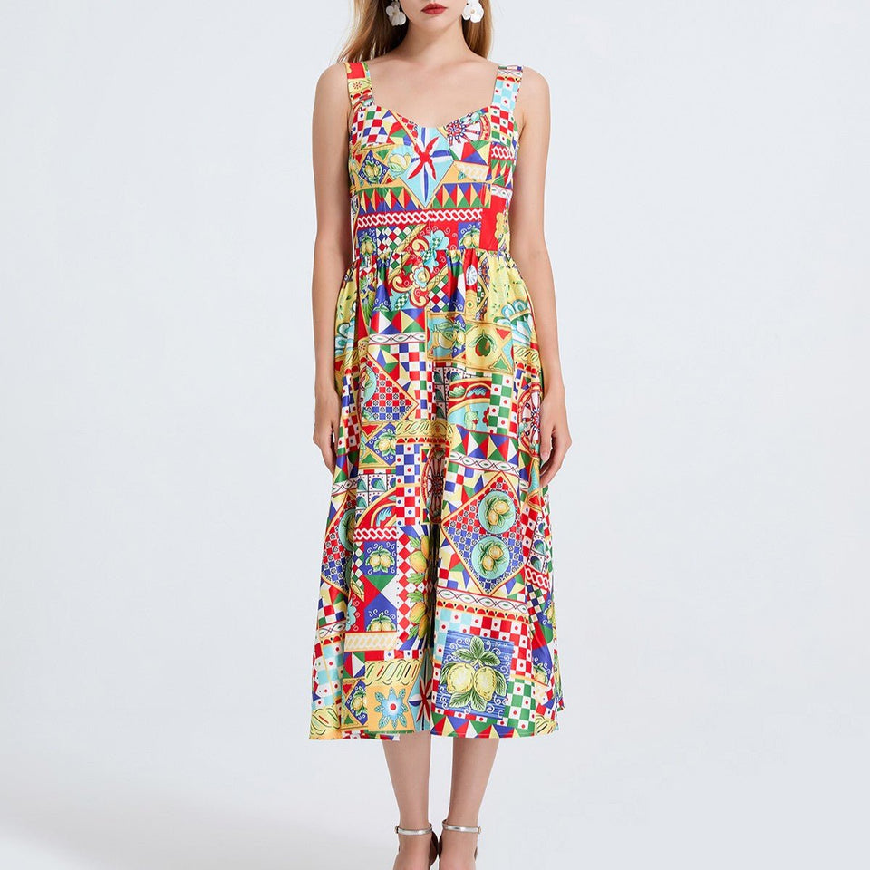 Women Printed Spaghetti Strap Dress With Elastic Back And High Waist - Wear with style