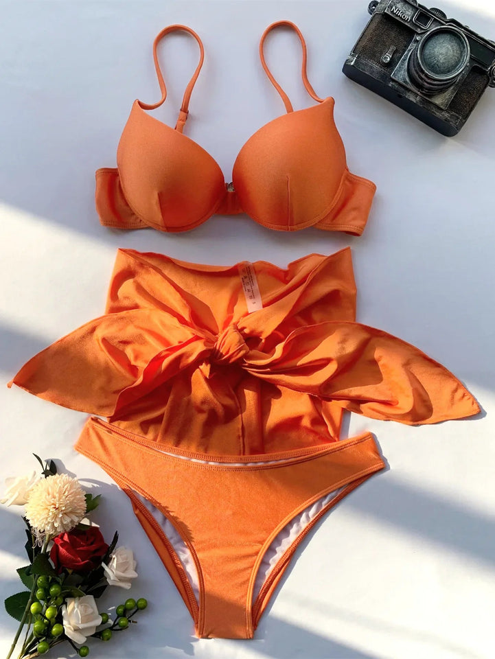 Women solid push up underwire three piece set - Wear with style