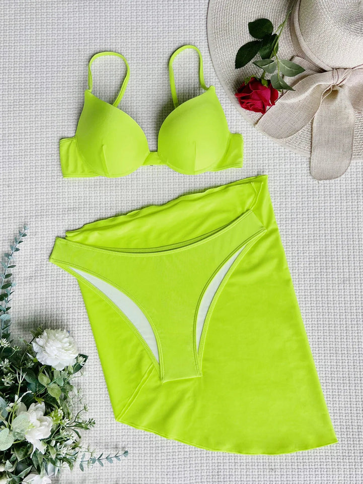 Women solid push up underwire three piece set - Wear with style