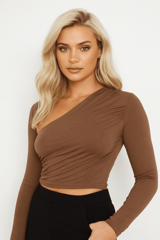 Women’s Long Sleeve Asymmetrical Ruched Crop Top – Bodycon Mini, Made in USA - Wear with style