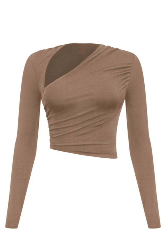 Women’s Long Sleeve Asymmetrical Ruched Crop Top – Bodycon Mini, Made in USA - Wear with style