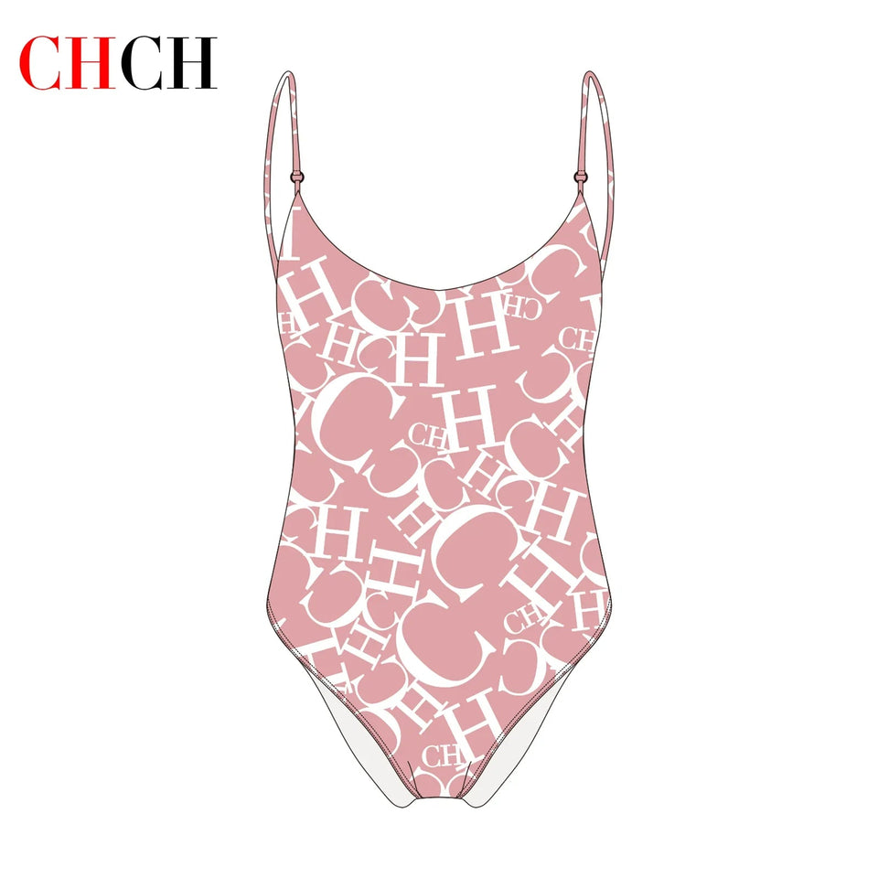 Women's Swimwear CH Letter Pink Triangle One-piece Swimsuit - Wear with style