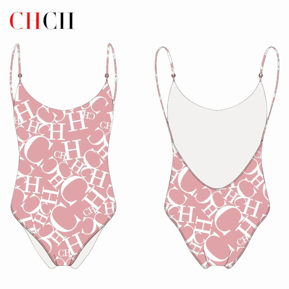 Women's Swimwear CH Letter Pink Triangle One-piece Swimsuit - Wear with style