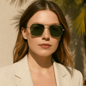 WO|MN logo aviator sunglasses metal and acetate frame - gold with dark green polarized lenses - Wear with style