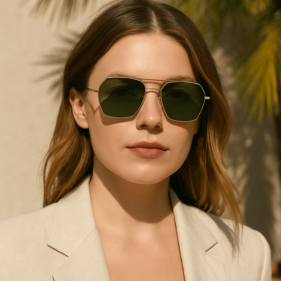 WO|MN logo aviator sunglasses metal and acetate frame - gold with dark green polarized lenses - Wear with style