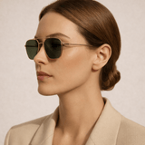 WO|MN logo aviator sunglasses metal and acetate frame - gold with dark green polarized lenses - Wear with style